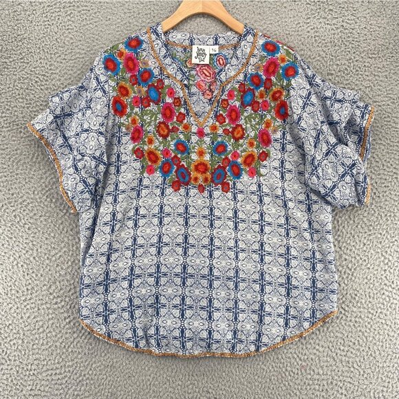 Ivy Jane Top Womens Small Medium Blue Floral Embroidered Short Tiered Sleeves - Picture 1 of 9